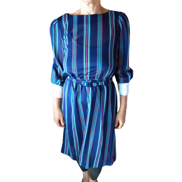 Vintage 70s 80s Sally Petites Blue Striped Belted Dress Sz 12 Fits 6/8 Modest - Picture 1 of 8